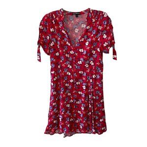Express Red Blue Floral Button Mini Sundress Short Sleeve Small